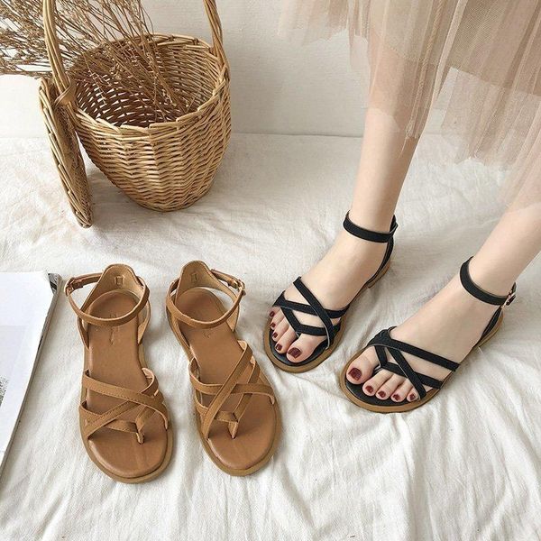 

sandals low woman leather low-heeled fabric rubber slides pu buckle strap, Black