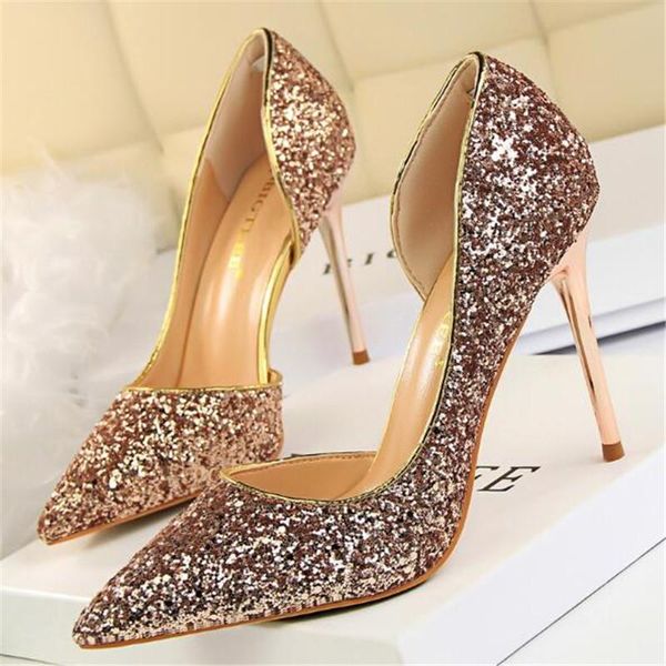 

women's sandals nightclubs thin shoes stiletto high-heeled shallow mouth pointed side hollow sequined single, Black