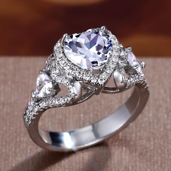 

romantic brilliant cubic zirconia women wedding love heart rings for bride lover girlfriend fashion female sweet gift jewelry, Slivery;golden