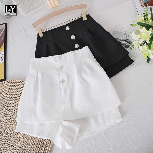 

ly varey lin summer women casual buttons solid color white black wide leg shorts office lady high waist double-deck 210526