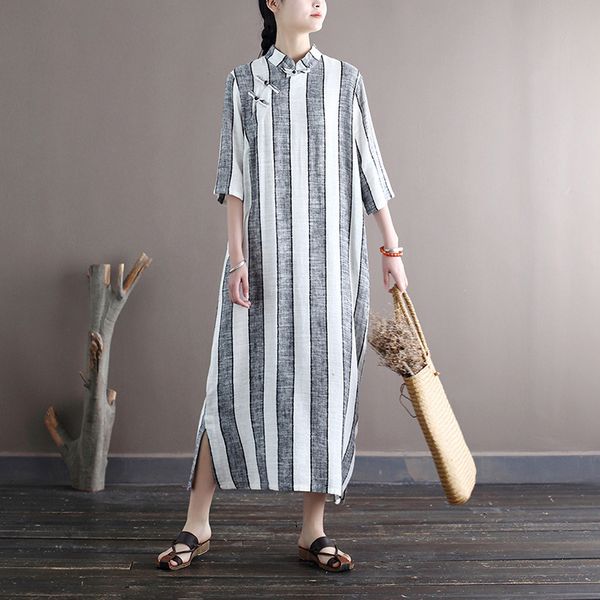 Johnature Frauen Gestreifte Kleider Baumwolle Leinen Stand Sieben Ärmel Cheongsam Sommer Knopf Vintage Chinesischen Stil A-Linie Kleid 210521