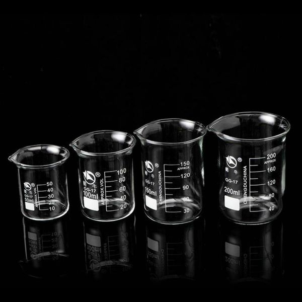 

lab supplies 4pcs/set 50ml/100ml/150ml/200ml clear borosilicate glass beaker with scale line measuring cup laboratory chemistry equipment