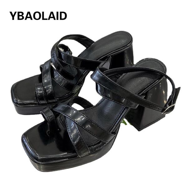 

dress shoes 2021 french vintage buckle thick-soled ladies roman sandals summer square toe flip-flops thick-heeled high-heeled, Black