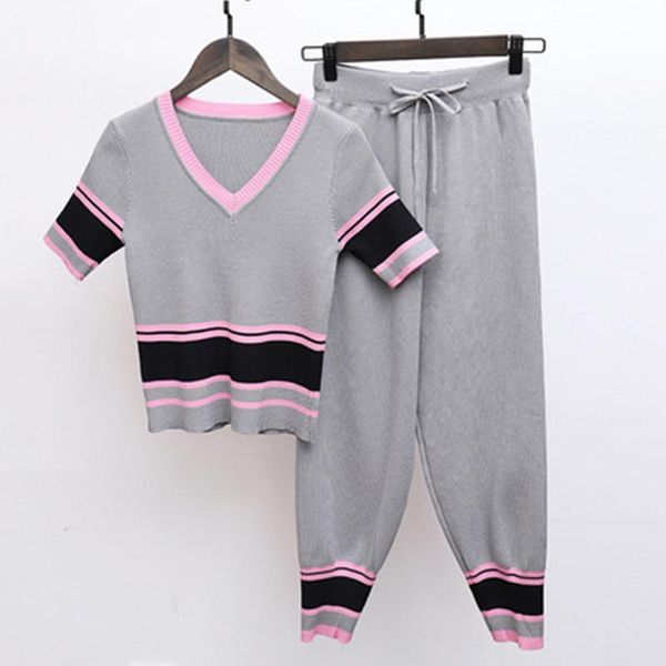 

two piece dress 2021 summer women striped knitted sweater set v-neck short pullover and pants harajuku knitting tracksuit, White
