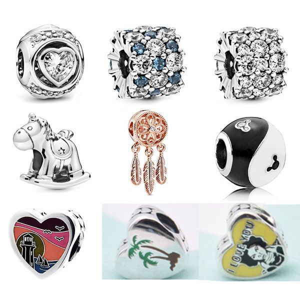 Memnon Takı 925 Ayar Gümüş Sallanan At Charm Yükseltilmiş Kalp Charms Parlak Dream Catcher Boncuk Mavi Temizle Sparkle Boncuk Fit Pandora Tarzı Bilezikler DIY