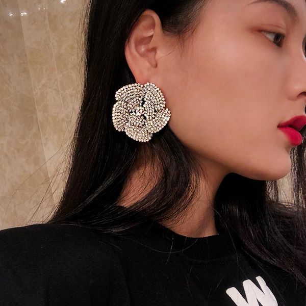 

stud aensoa luxury crystal big flowers earrings for women transparent rhinestone statement party wedding jewelry, Golden;silver