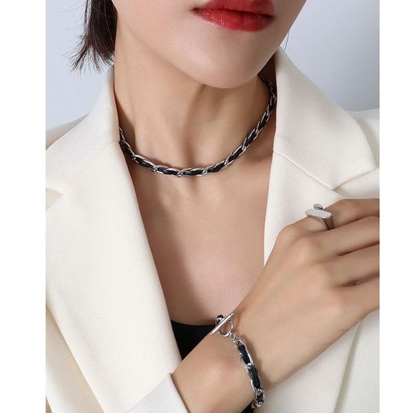 

chains winter style jewelry handmade leather street chain wear choker necklace short titanium steel plating 18k gold, Silver