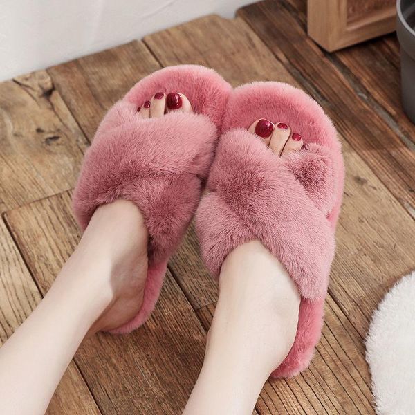 

slippers plush indoor women 2021 warm winter lovely faux flat fur fashion non-slip female house furry bedroom shoes flip flops, Black