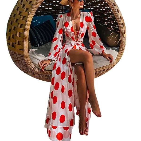

women puff long sleeve chiffon kimono cardigan summer bikini swimsuit cover up vintage polka dot print belted beach maxi dress women's, White;black