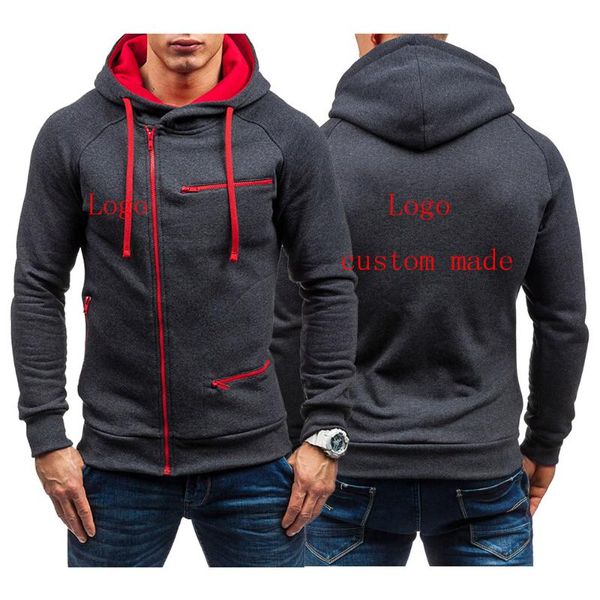 

men's hoodies & sweatshirts 2021 logo custom made autumn hooded slim thick pullover male diagonal zipper coats, Black