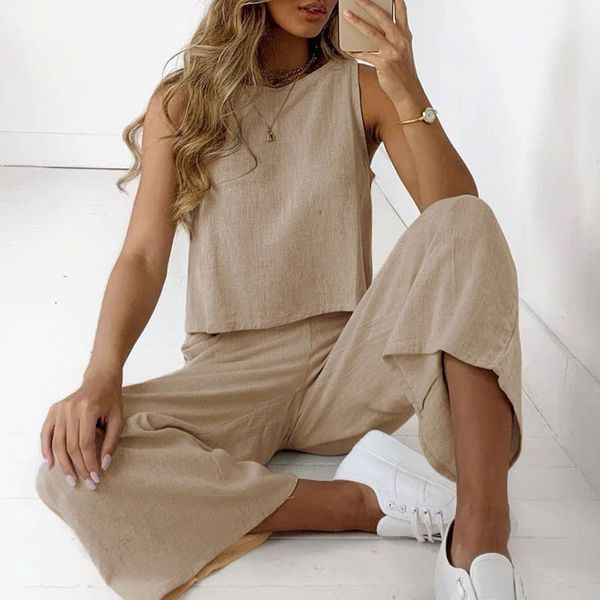

women's tracksuits casual fashion women two piece set solid lady cotton linen suit summer o-neck sleeveless shirt and wide leg pan, Gray