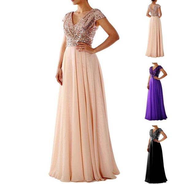 

casual dresses ladies deep v elegant sequin prom party dress fashion women backless bridesmaid sleeveless maxi robe de soirÃ©e, Black;gray