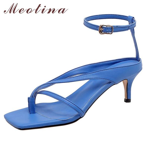 

meotina women sandals flip flops high heel shoes ankle strap thin heels square toe fashion ladies summer blue, Black