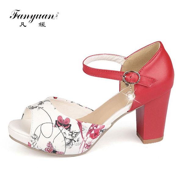 

fanyuan fashion crystal chain buckle strap sandals comfort print ankle-wrap heels women shoes summer cover heel platform, Black