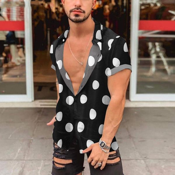 

men's casual shirts hawaii big polka dot print shirt summer lapel slim beach clothing, White;black