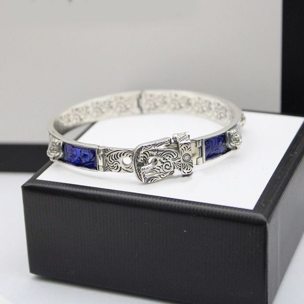 

925 sterling silver tiger head blue enamel couple bracelet men and women luxury brand exquisite fashion retro charm jewelry gift, Black