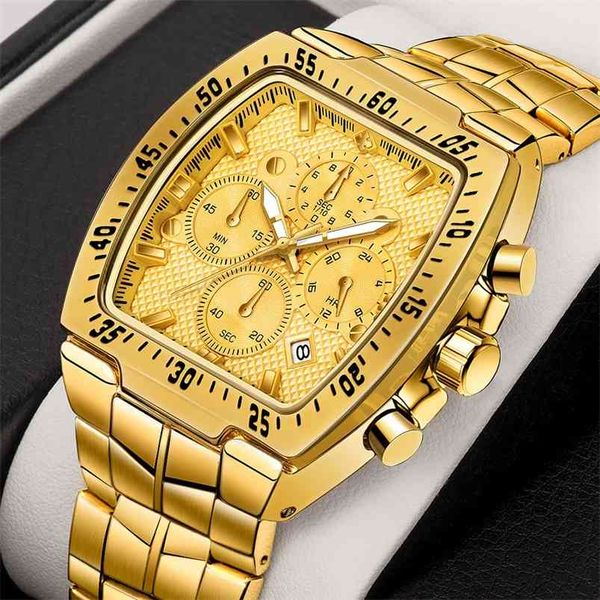 

wwoor sports military watches men luxury gold square quartz waterproof wristwatch fashion chronograph relogio masculino 210804, Slivery;brown