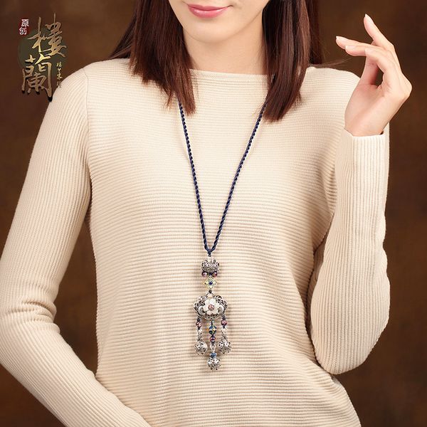 

xianlan370 changmingsuo accessories long national wind pendant necklace female chinese wind restoring ancient ways sweater chain p, Silver