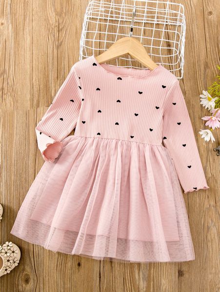 

toddler girls heart print mesh hem dress she, Red;yellow