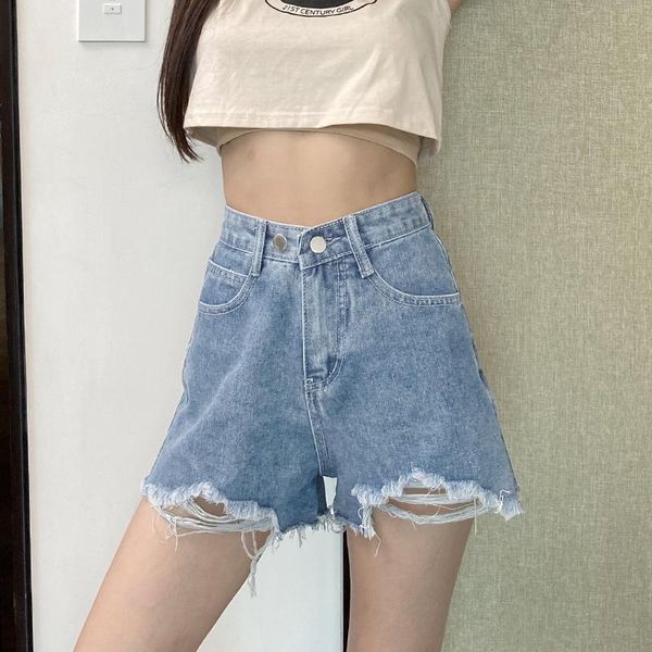 

women's shorts summer 2021 wide leg denim women loose hole jeans short casual straight retro high waisted, White;black