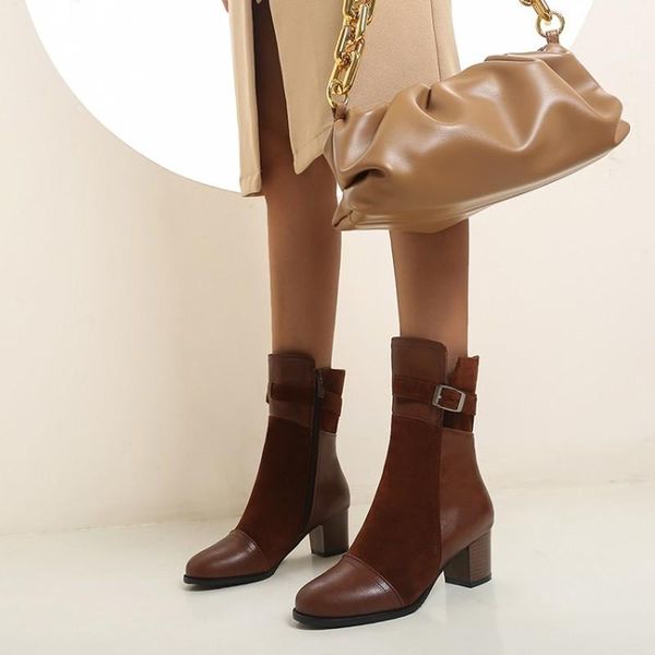 

boots plus size 43 square high heel ankle women round toe patchwork footwear female motorcycle buckle shoes winter, Black