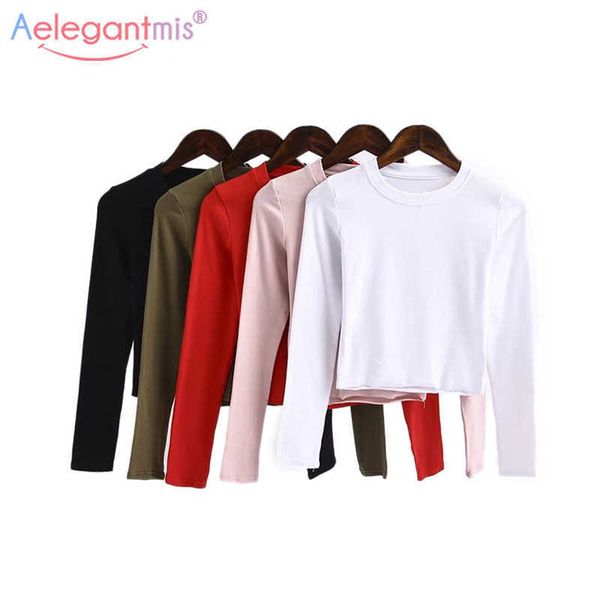 

aelegantmis fashion solid crop women spring long sleeve t-shirt girl o-neck stretch slim short tee casual streetwear 210607, White