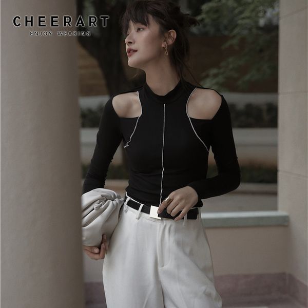 

long sleeve cold shoulder black t shirt women tight designer ladies underwear tee fall clothes 210427, White