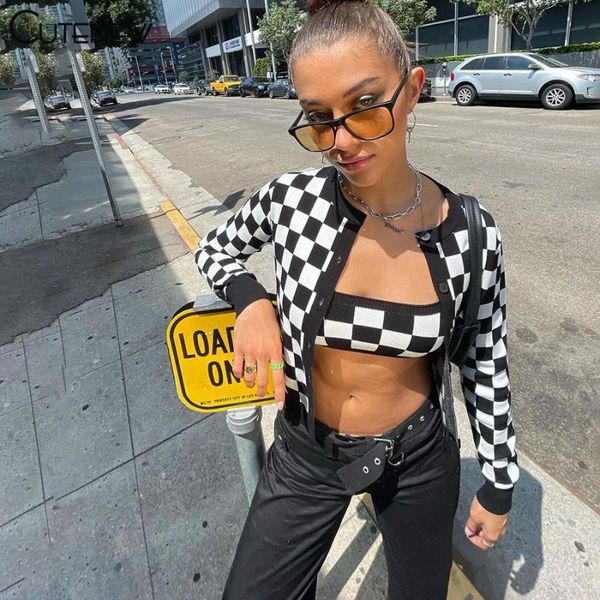 

women's jackets cute autumn lattice patchwork 2 piece sets women backless tank slim single-breasted coat simple wild lady streetwea, Black;brown