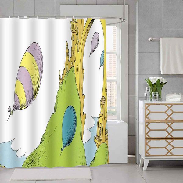 

dr. seuss day shower curtain colorful balloon movie scence decor bathroom curtain for kids, 72 x72 in bathtub showers waterproof
