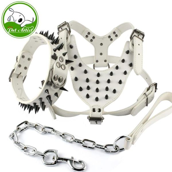 

dog collars & leashes black spikes white leather harness collar and leash set heavy duty for boxer
