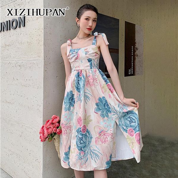 

casual dresses xizihupan vintage print dress for women square collar sleeveless high waist lace up midi female summer fashion 2021, Black;gray