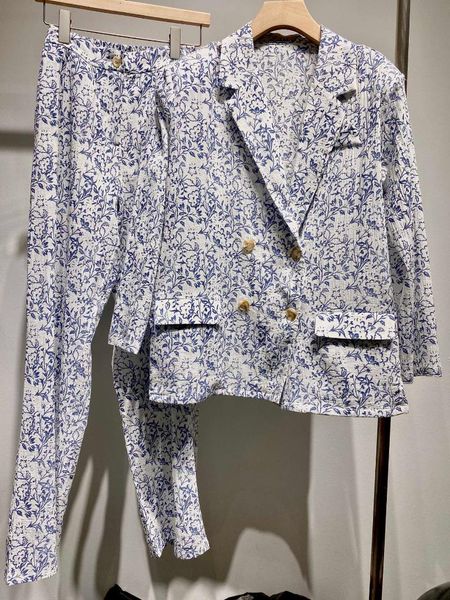 

women's two piece pants 2021 women fashion suit jacket + blue and white printed straight 2-piece set 0524