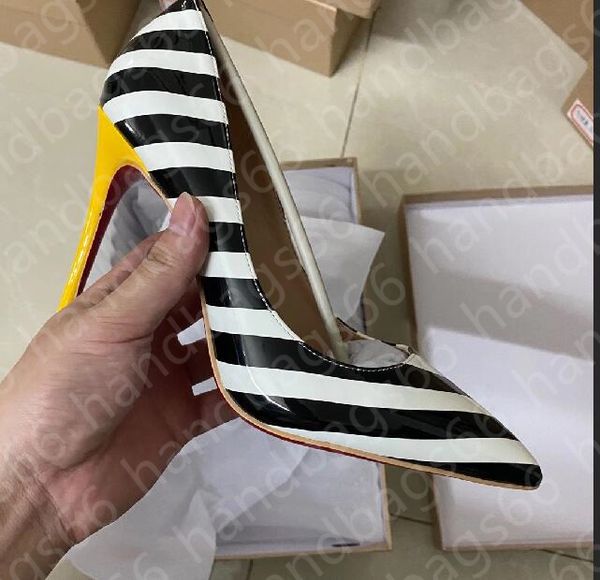 

2021 women's high heels dress party shoes lacquered leather/flash red rubber multi-style, Black