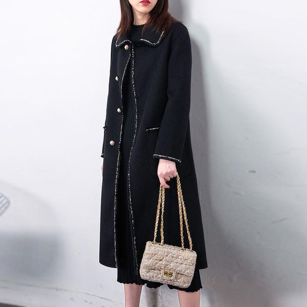 

small fragrance double side woolen coat pearl black 2021 over knee long for women women's wool & blends