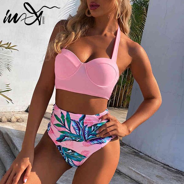 

swimwear in-x high waist bikini 2021 leaf print swimsuit women push up female halter bathing suit vintage swimming biquini 0720, White;black