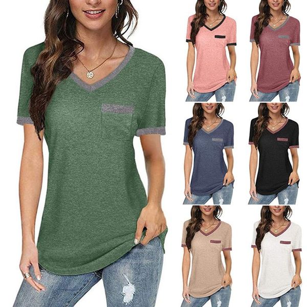 

women's t-shirt fashion casual v-neck contrast color loose short-sleeved, White