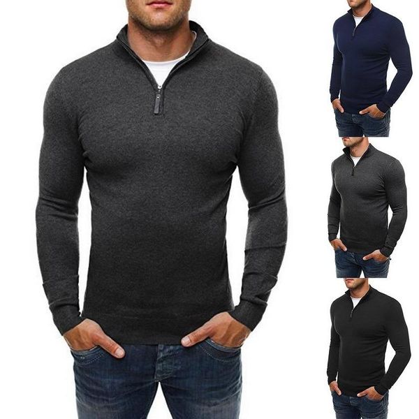 

men's sweaters 2021 casual sweater solid color standing collar long sleeve zip knit black gray navy blue, White;black