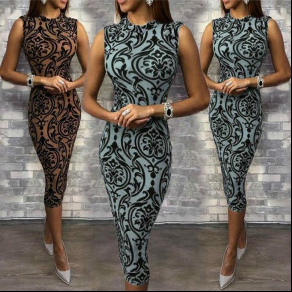 

womens dress party women elegant mid calf bodycon floral print sleeveless evening lady clothes, Black;gray