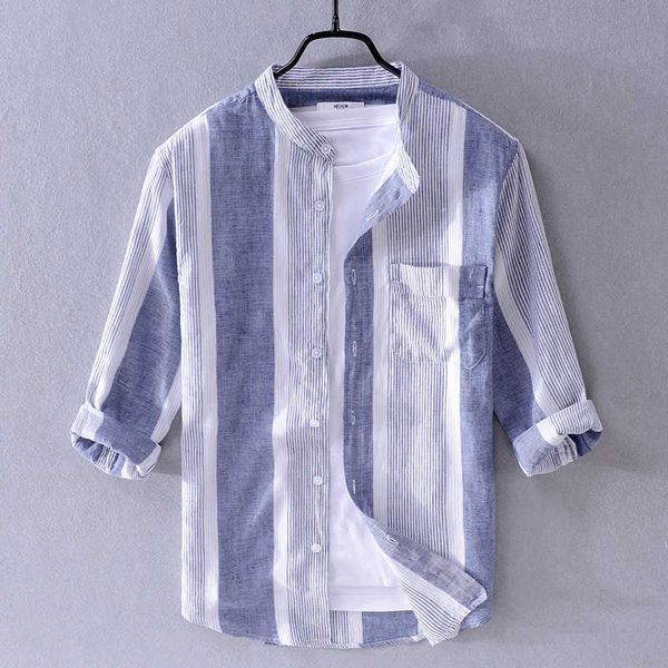 

women's t-shirt vero listrado algodo e linho manga trs-quartos da gola solta respirvel camisas para os homens chemise camisa ucuk, White