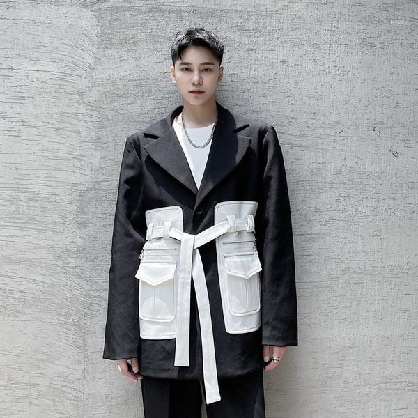 

stage clothing men pocket splice belt loose casual blazers suit jacket male harajuku streetwear vintage fashion coat men's suits &, White;black