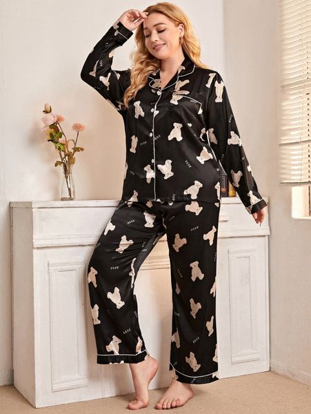 

plus bear and letter graphic pocket front satin pj set z7hi#, Black;white