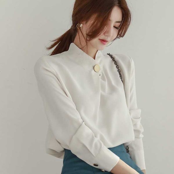 

women chiffon blouse stand collar long sleeve wear to work ol office lady shirt business 210529, White