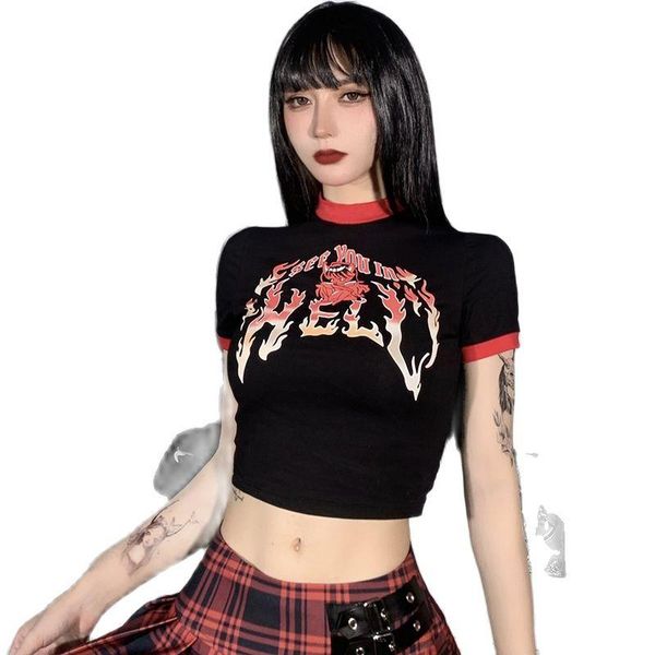 

women's t-shirt summer print personalized navel contrast color stitching metal punk street retro schoolgirl, White