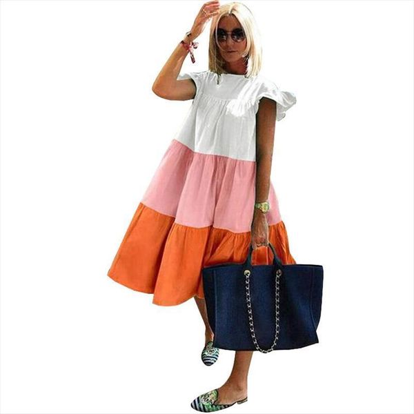 

elegant patchwork hit color womens dress o neck half sleeve oversize casual midi dresses female summer clothes, Black;gray