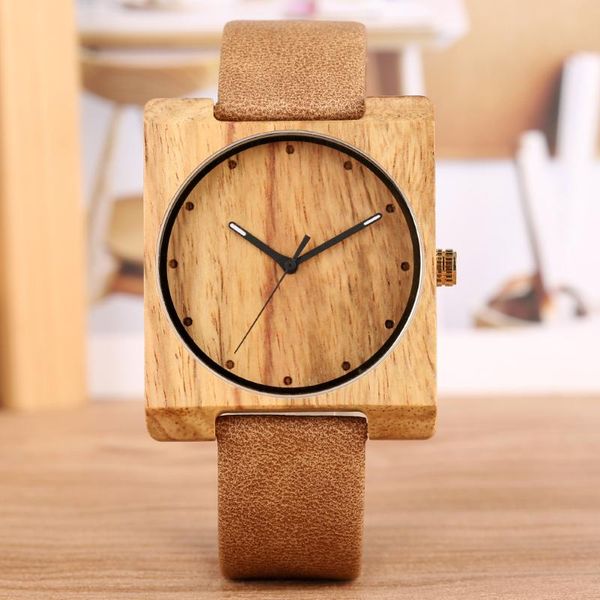 

wooden watches simple design lightweight bamboo wristwatch with browm leather band square dial quartz movement for men women wristwatches, Slivery;brown