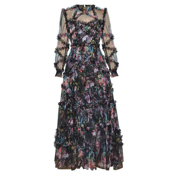 

casual dresses big size 3xl xxxl women runway fashion summer long dress lady lantern sleeve mesh flower print ruffles party maxi, Black;gray
