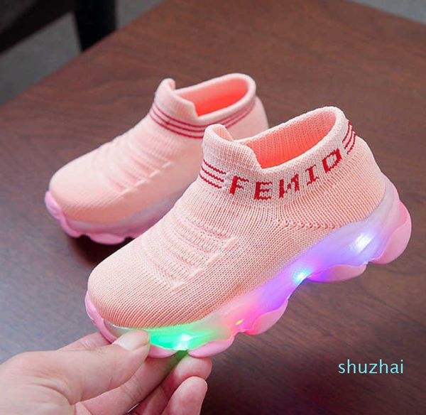 Çocuklar Sneakers Çocuk Bebek Kız Erkek Mektubu Mesh LED Aydınlık Çorap Spor Run Kaçak Sneakers Ayakkabı Işık Ayakkabı