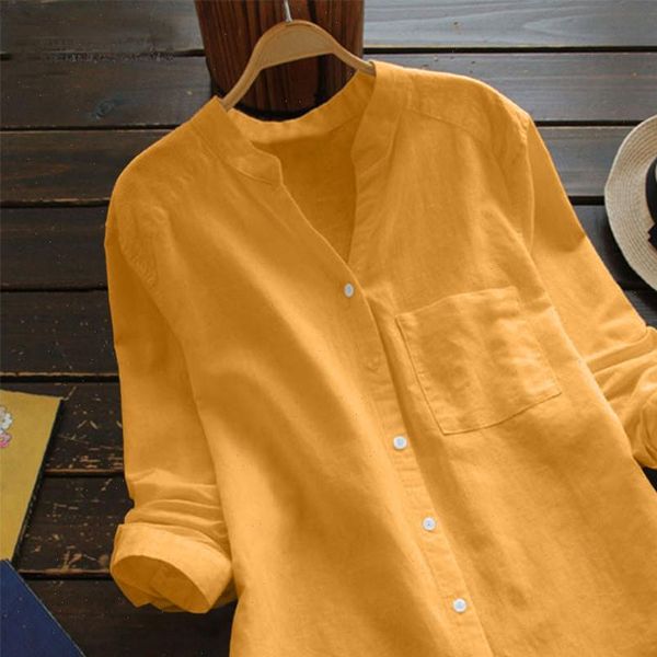 

cotton linen pocket casual solid women shirt long sleeve v neck chemisier femme roupas femininas t2g, White