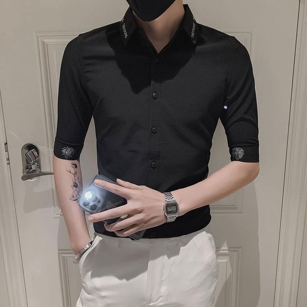 

men's casual shirts embroidery half sleeve slim shirt business office dress social streetwear chemise homme, White;black
