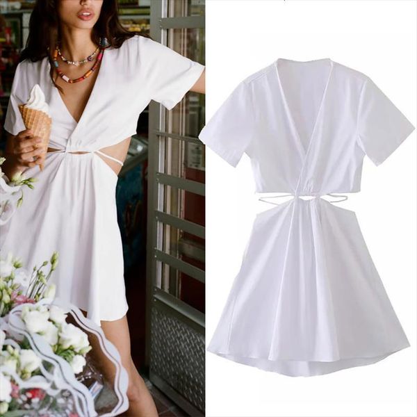 

za cut out white short women dresses summer fashion sleeve mini chic tied sexy, Black;gray